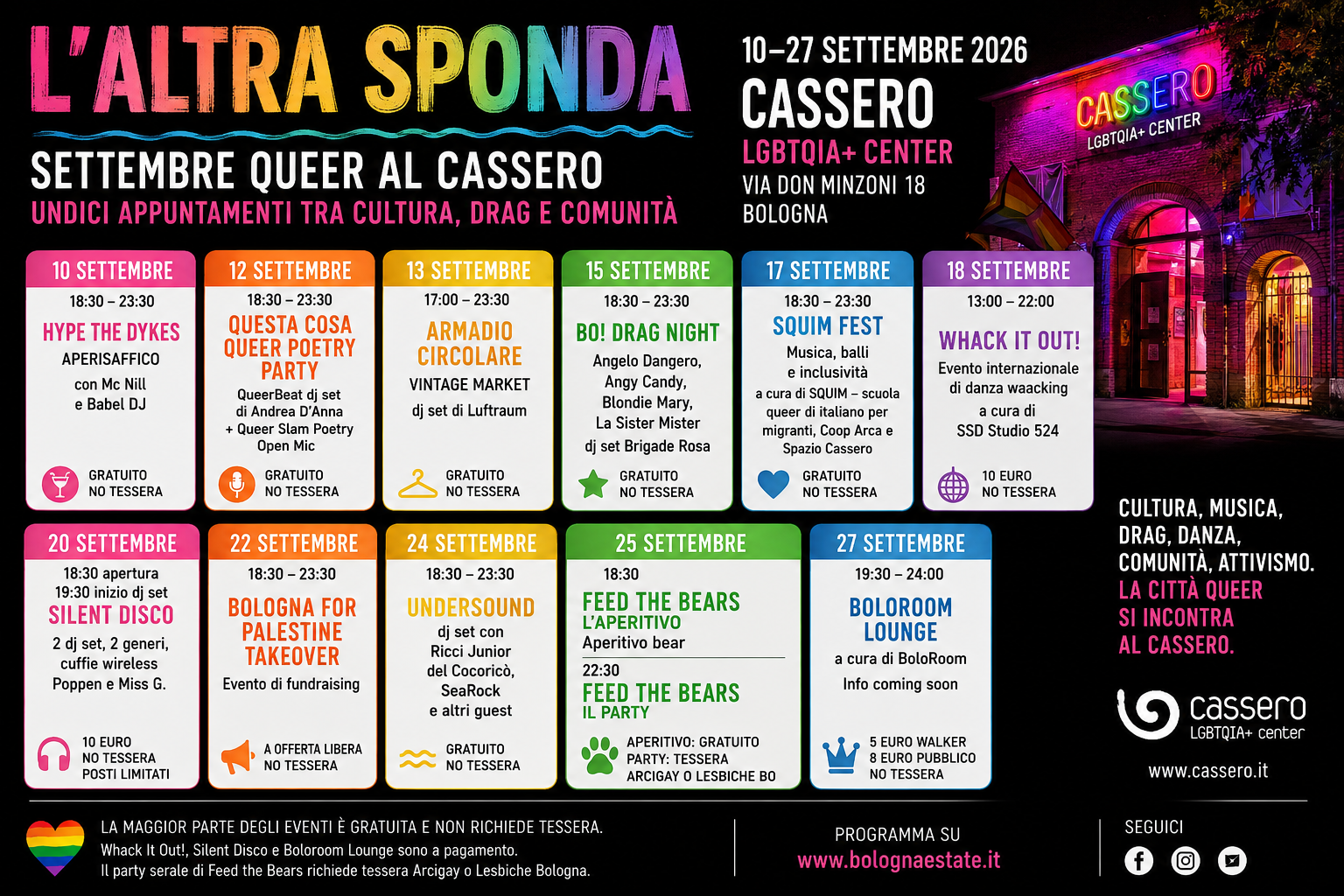 L’Altra Sponda, settembre queer al Cassero: undici appuntamenti tra cultura, drag e comunità