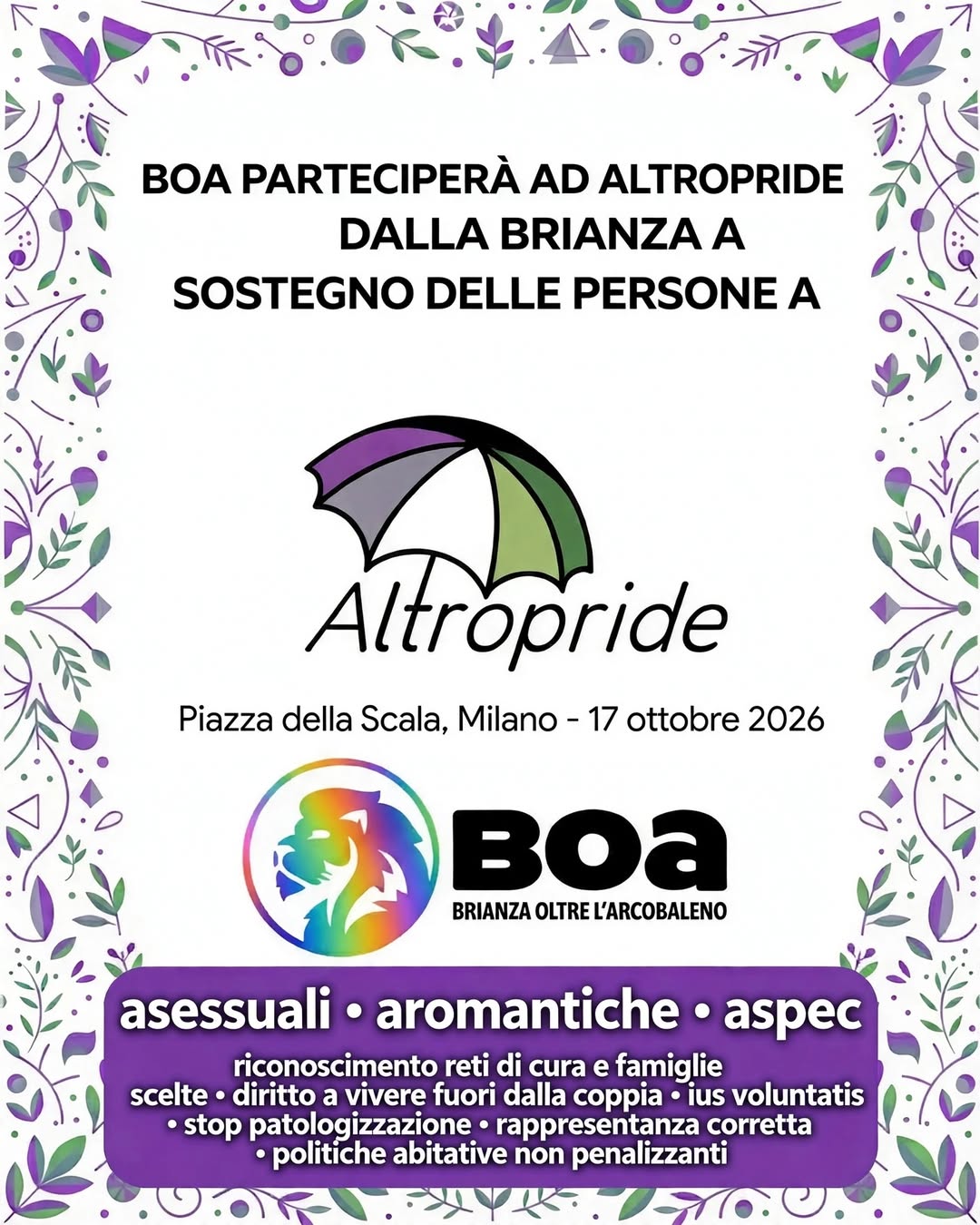 Brianza Oltre l’Arcobaleno partecipa a L’AltroPride: focus sulla lettera A